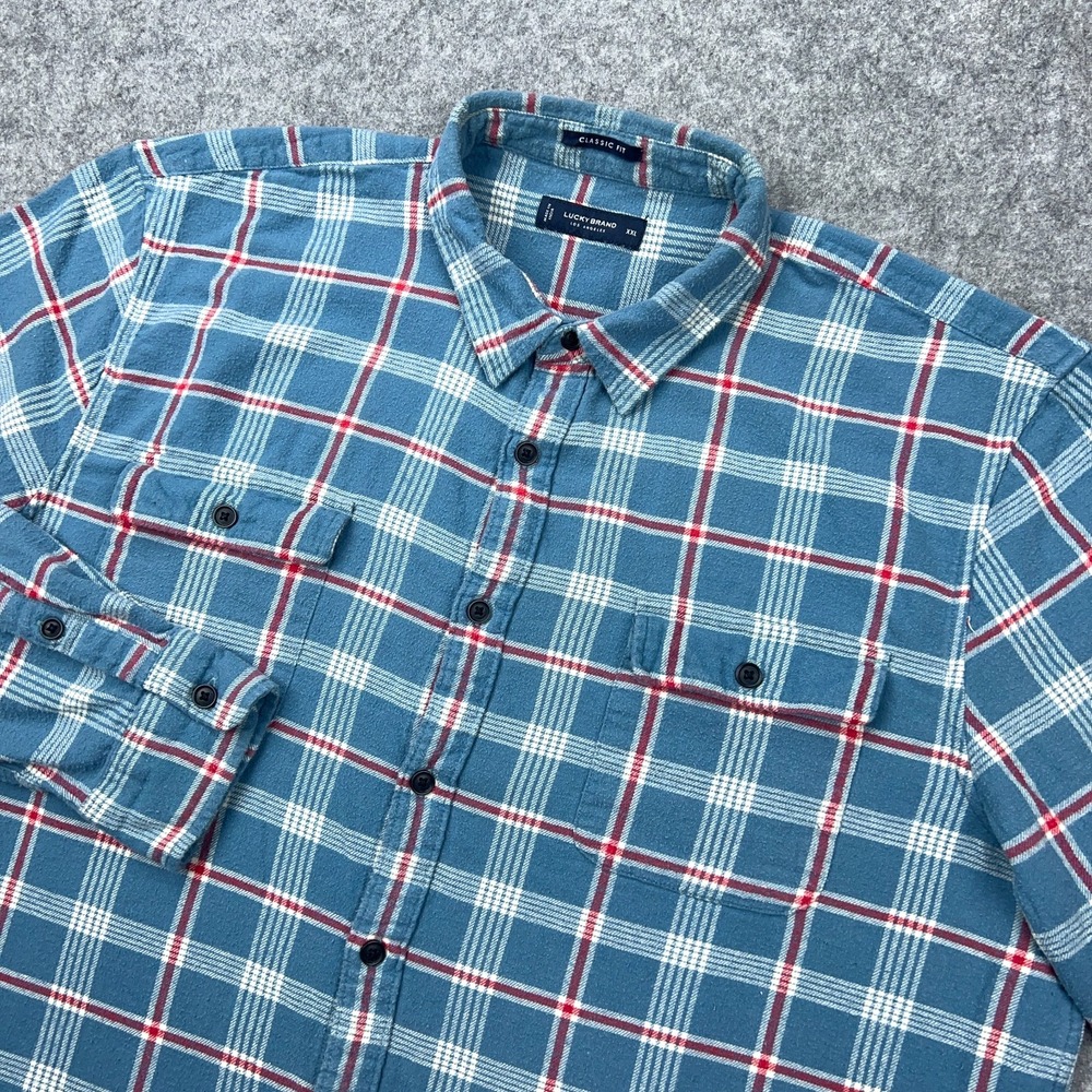Lucky Brand Shirt Mens 2XL Blue Plaid Flannel Button‎ Up Work Pockets Outdoor